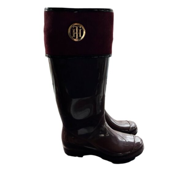 Tommy Hilfiger Rubber Dark Red Merlot Purple Tall Rain Snow Boots Women’s Sz 8M - Picture 3 of 6